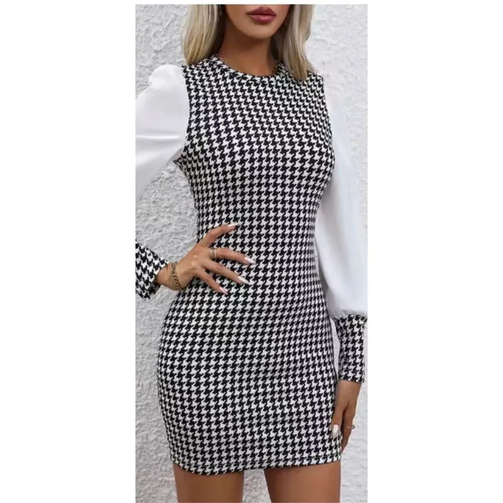 ๐ฅHoundstooth print splicing dress, elegantโpuff sleeve, body-con, size 14